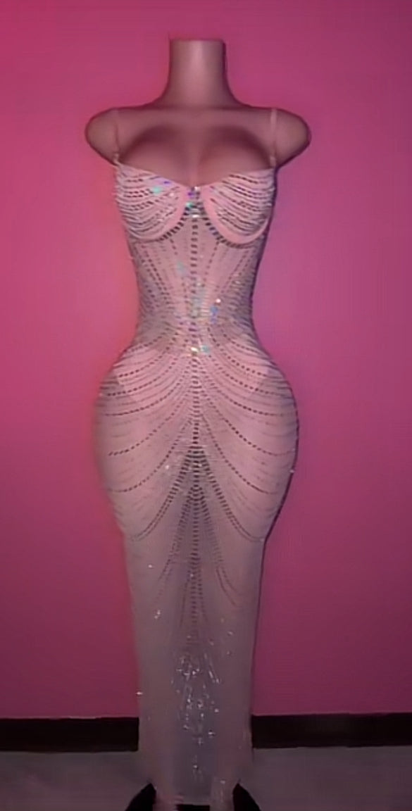 Long baby pink bling transparent gala dress