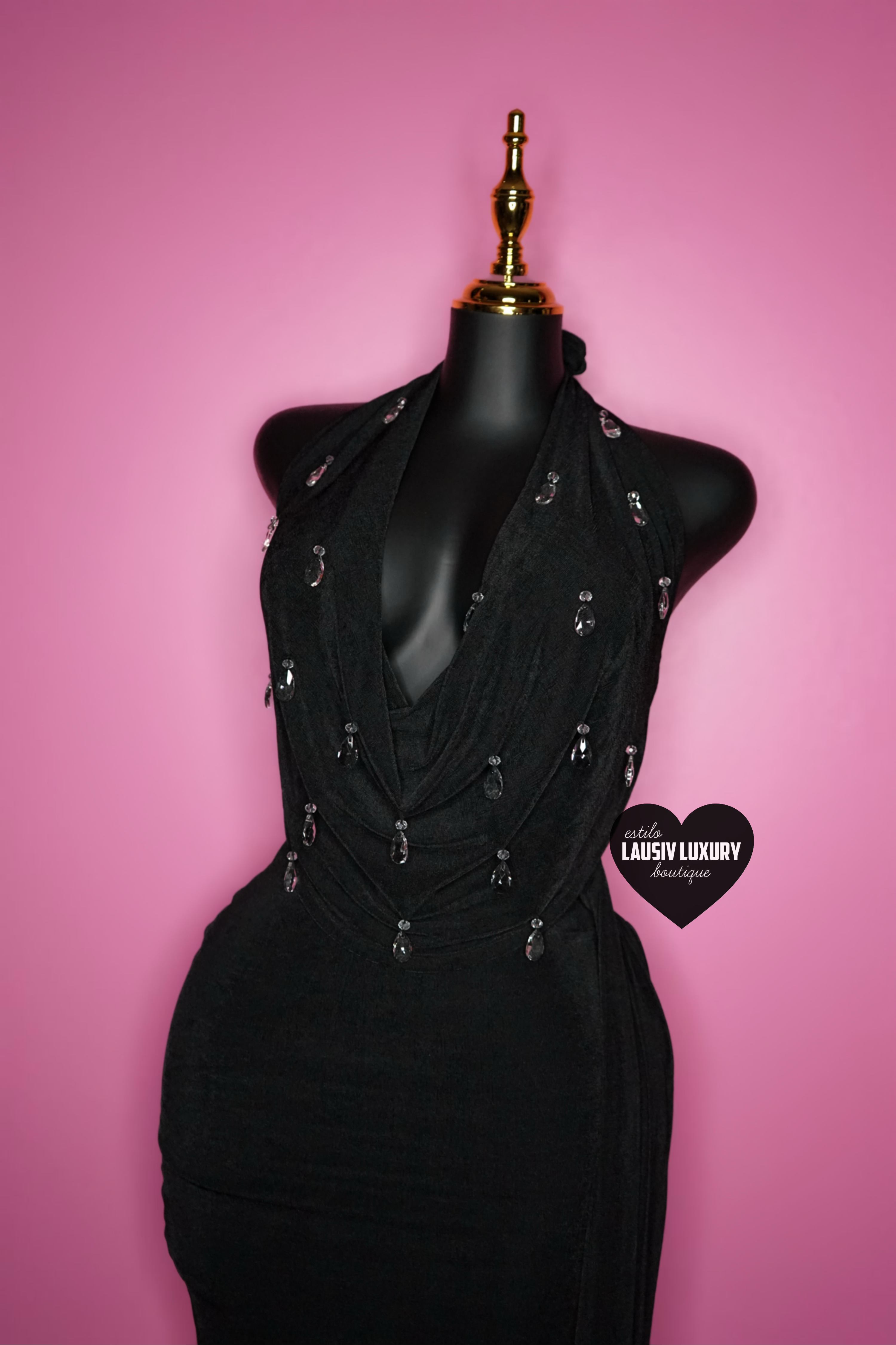Long black halter top dress with jumbo 3D teardrop gems 💎💧