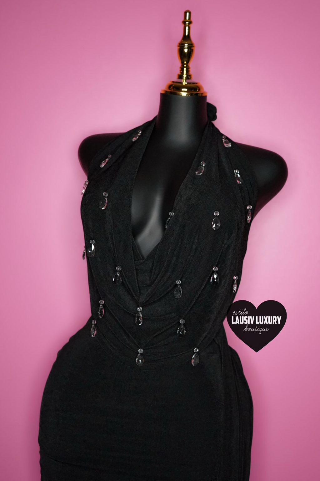 Long black halter top dress with jumbo 3D teardrop gems 💎💧