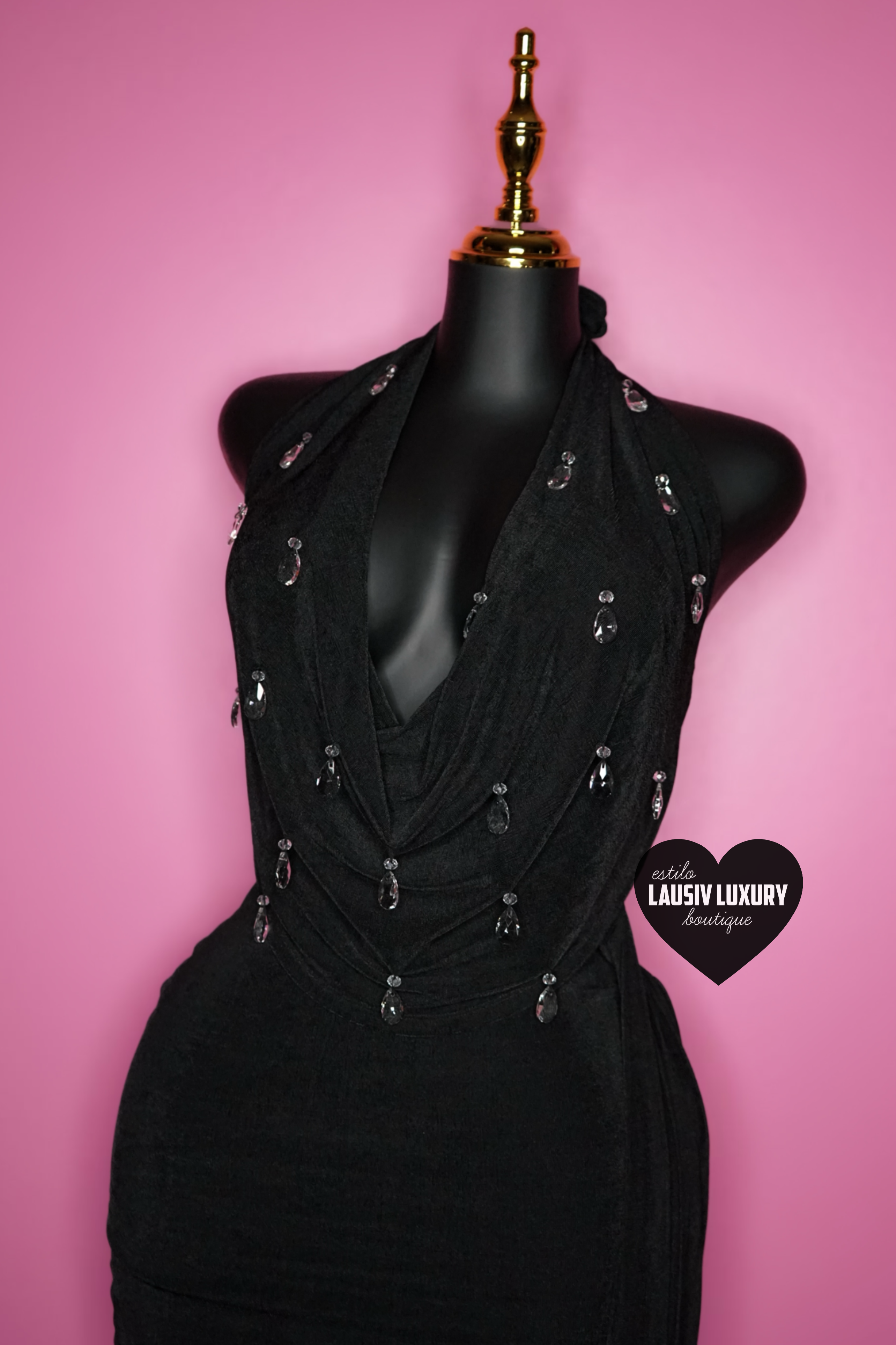 Long black halter top dress with jumbo 3D teardrop gems 💎💧
