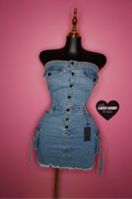 Strapless stretchy denim dress with cargo pockets
