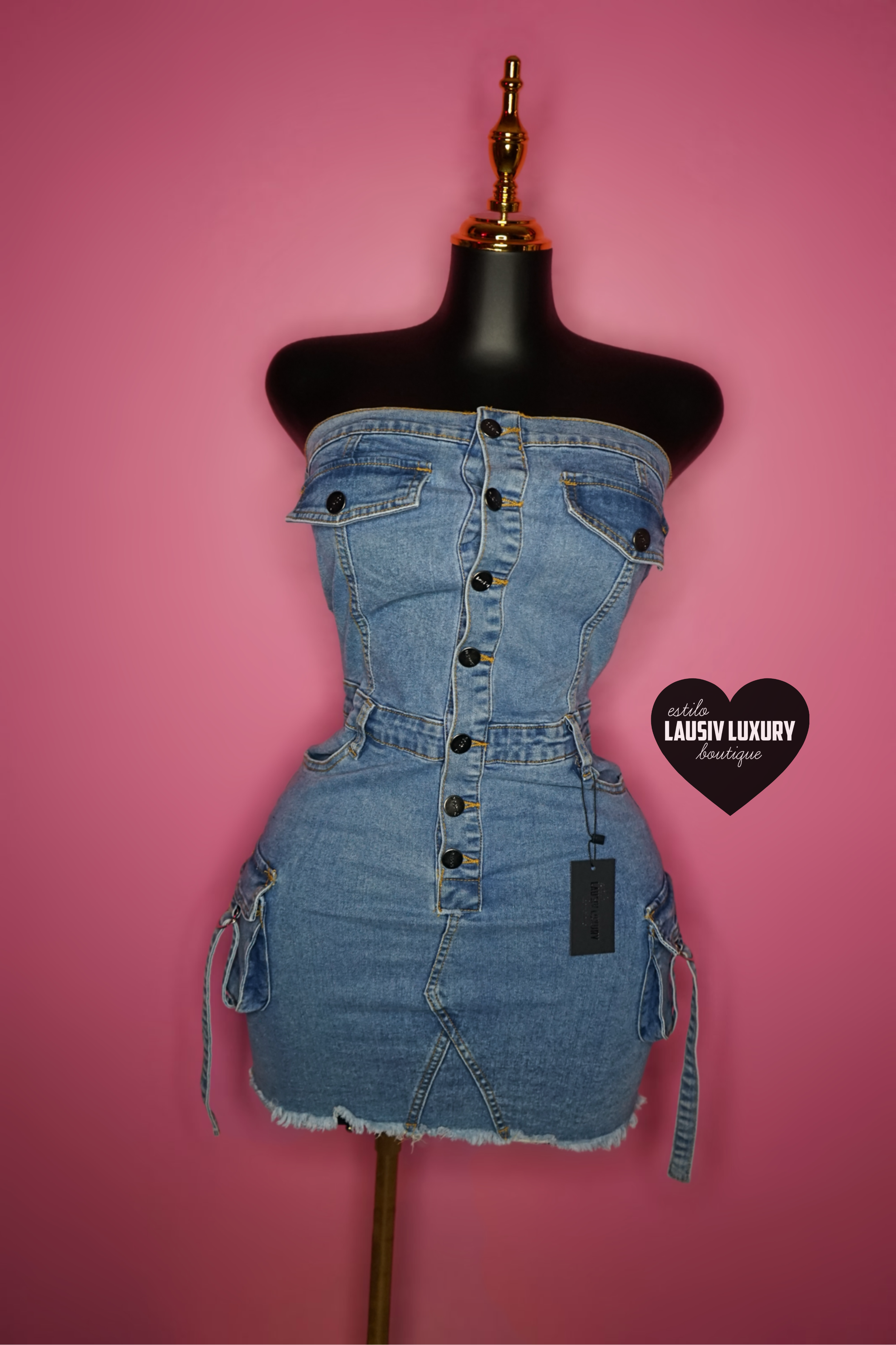 Strapless stretchy denim dress with cargo pockets