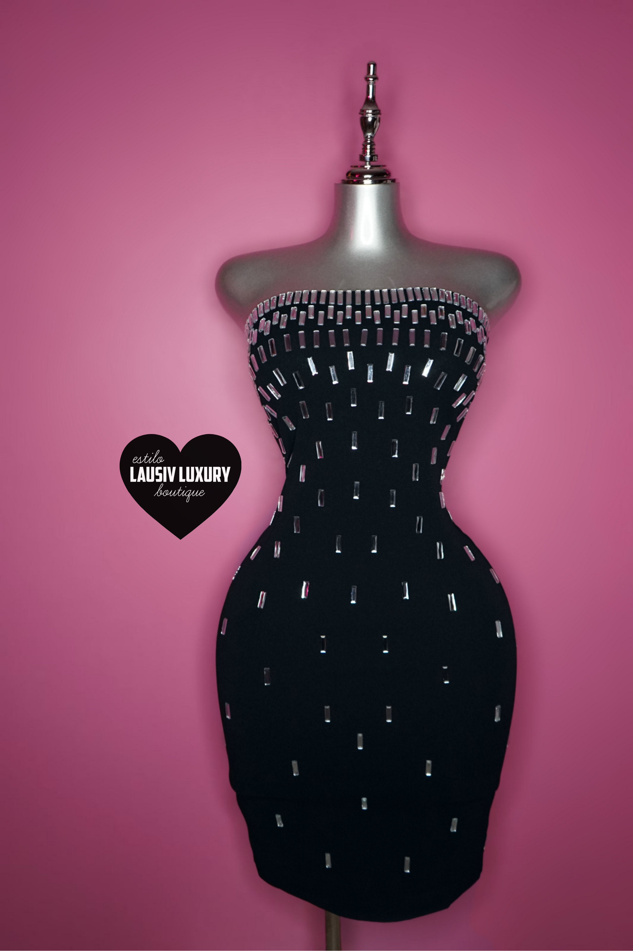 Strapless Black dress with silver gem embellishments.