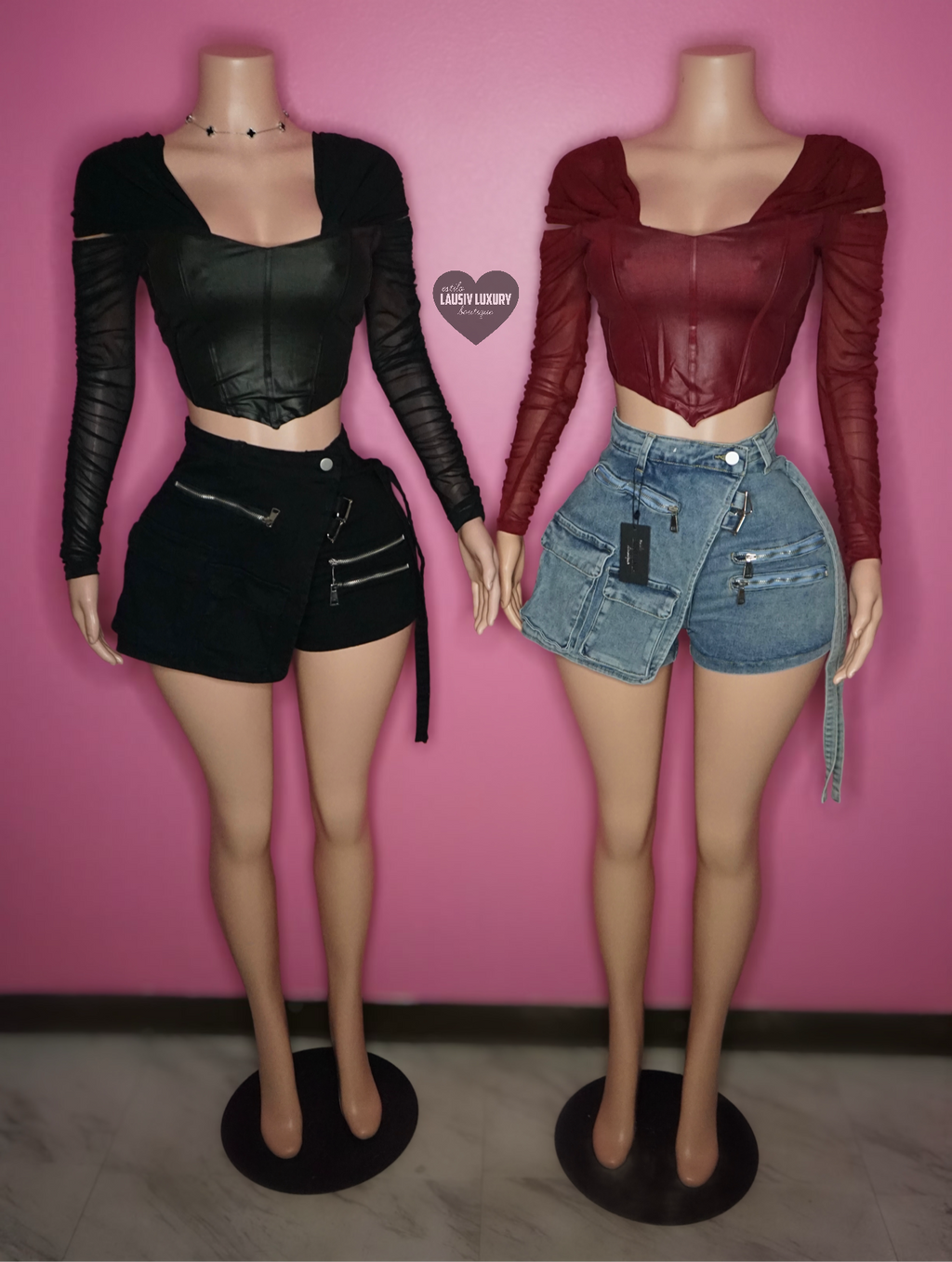 Longsleeve faux leather corset crop top