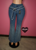 Y2K inspired flare blue jeans with belt