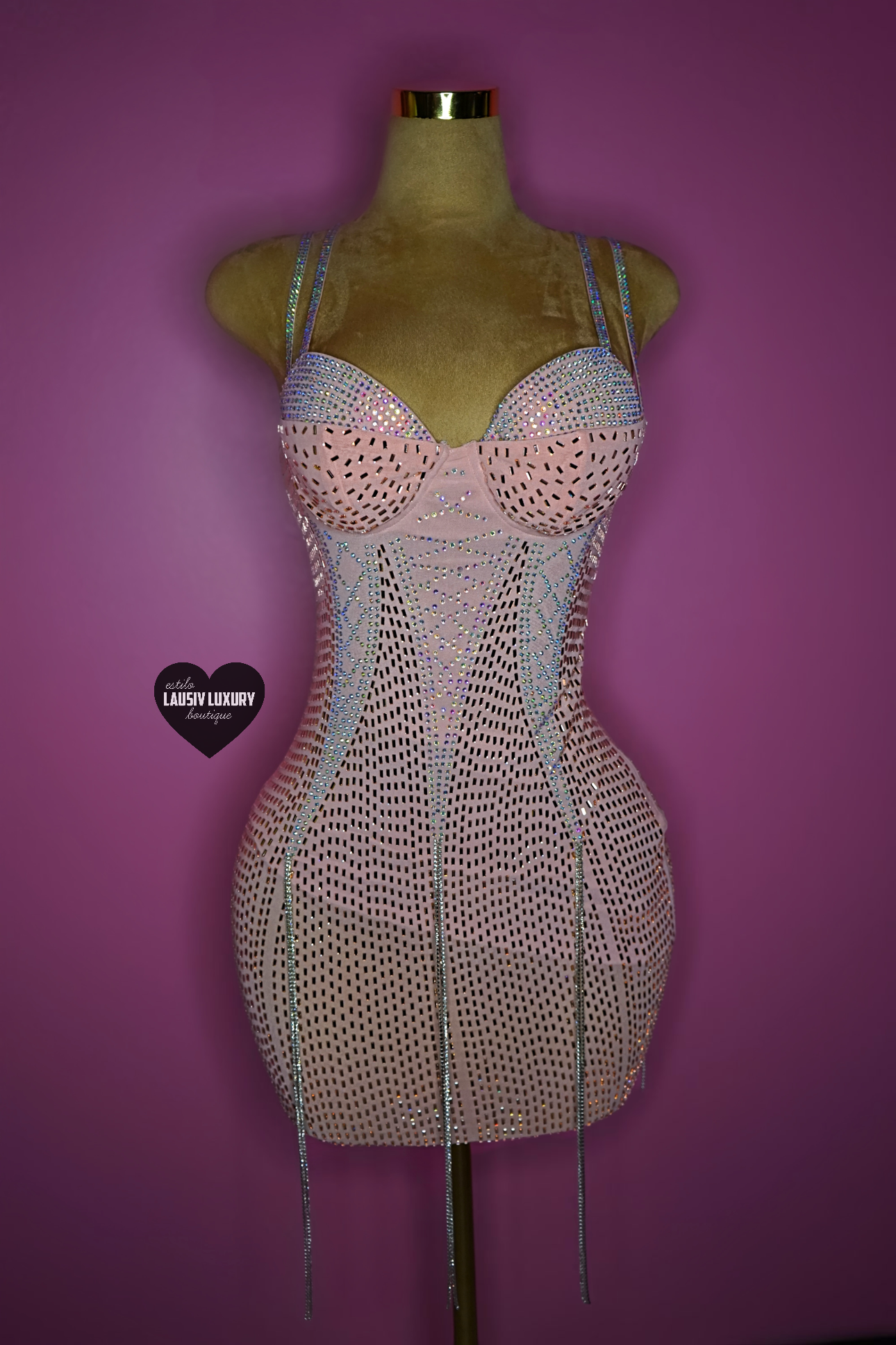 “Pink bday bling” corset style dress with bling fringes