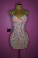 “Pink bday bling” corset style dress with bling fringes