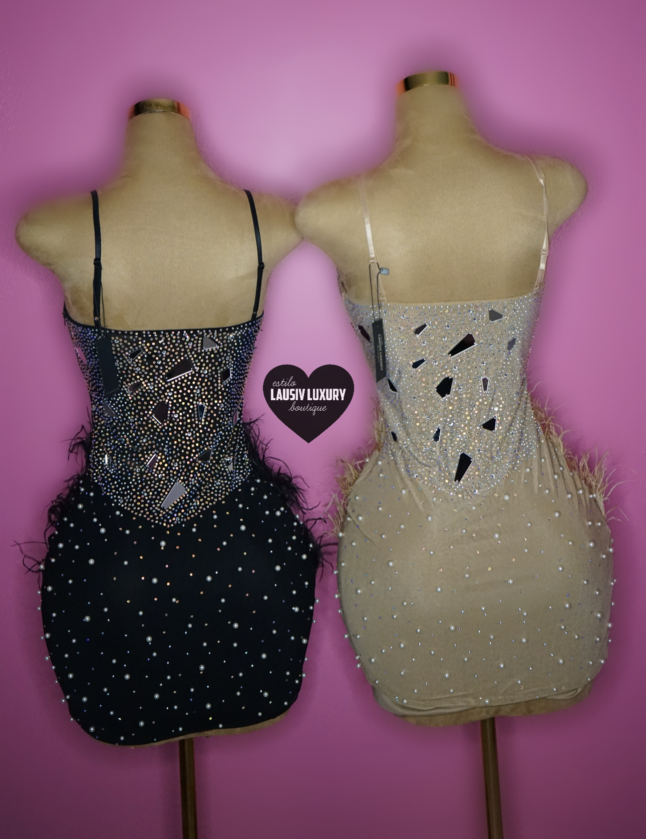 “Única” deluxe bling, mirror, & fur dress