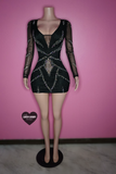 Black & silver Bling design  v cut longsleeve mini dress