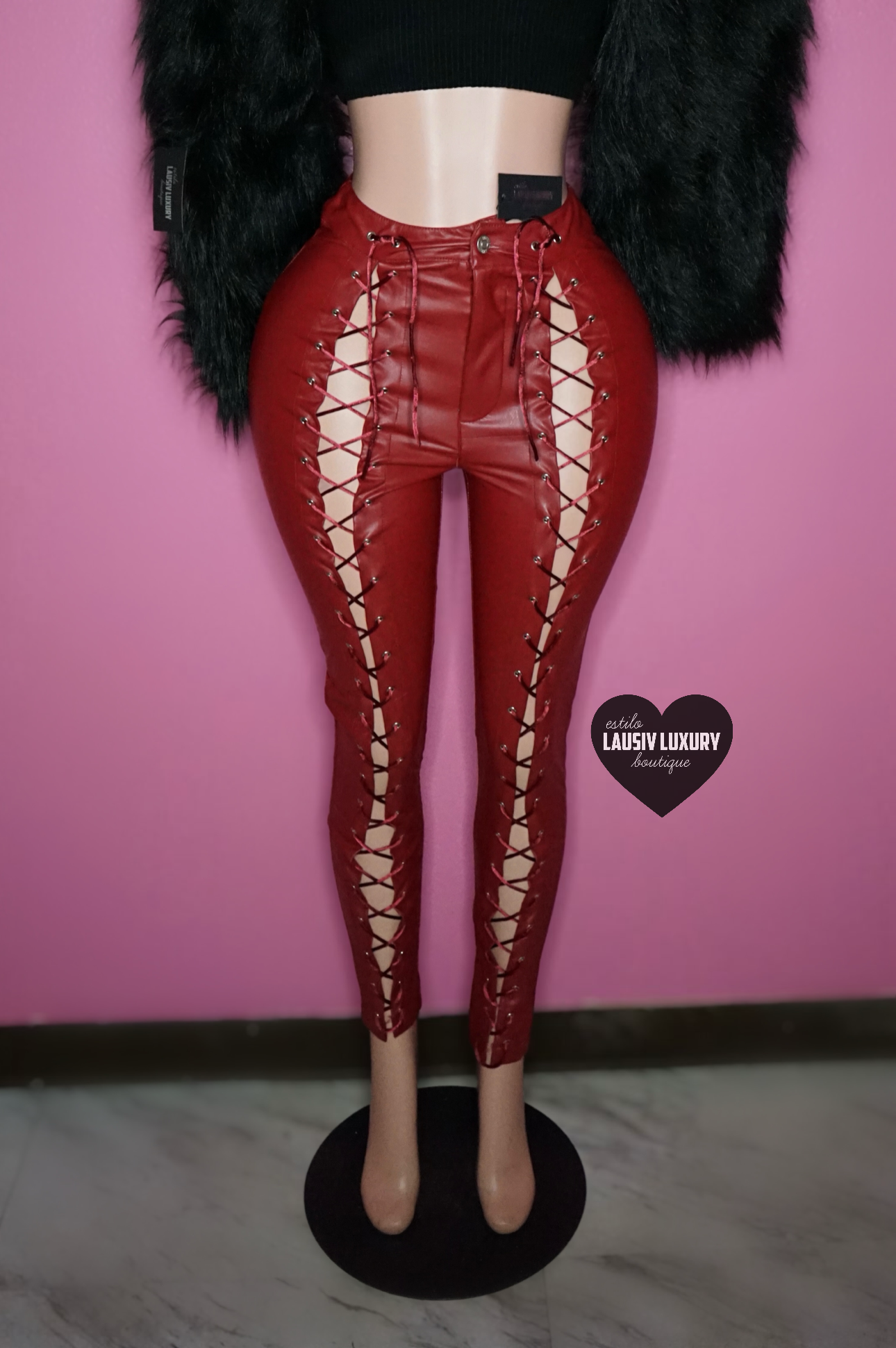 “Locked up” faux leather burgundy lace up pants