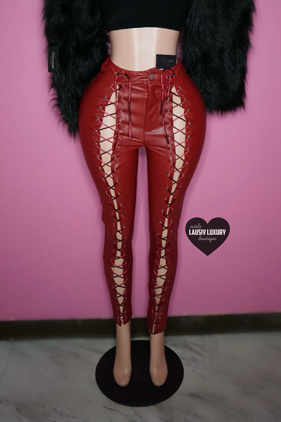 “Locked up” faux leather burgundy lace up pants