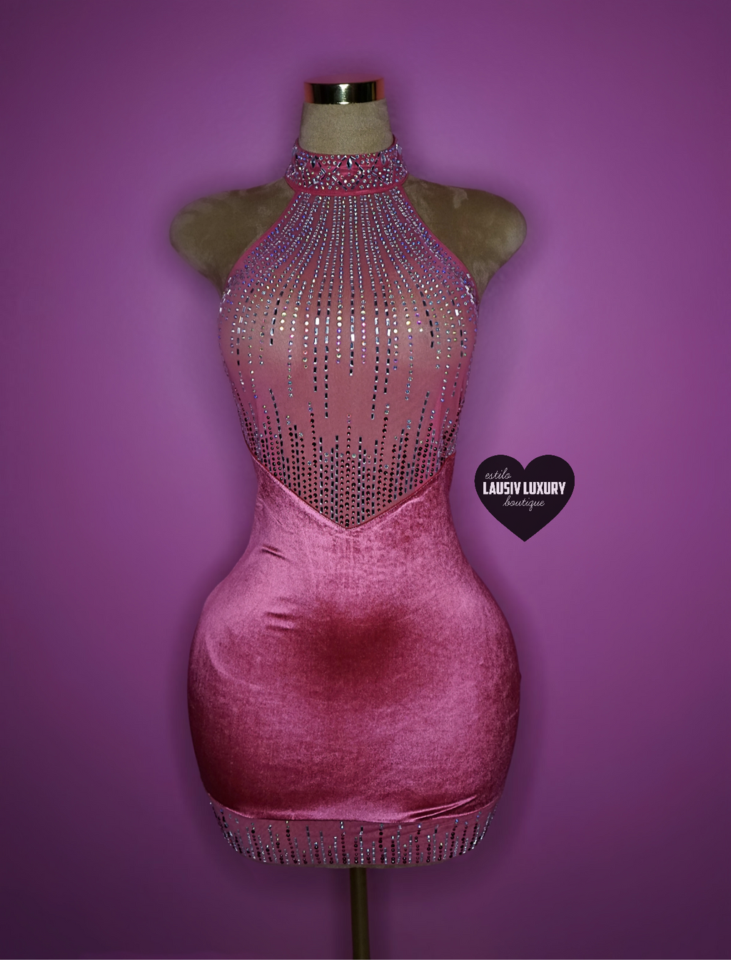 “Burlesque” deep pink/burgundy  velour rhinestone bling dress with collar.