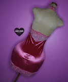 “Burlesque” deep pink/burgundy  velour rhinestone bling dress with collar.