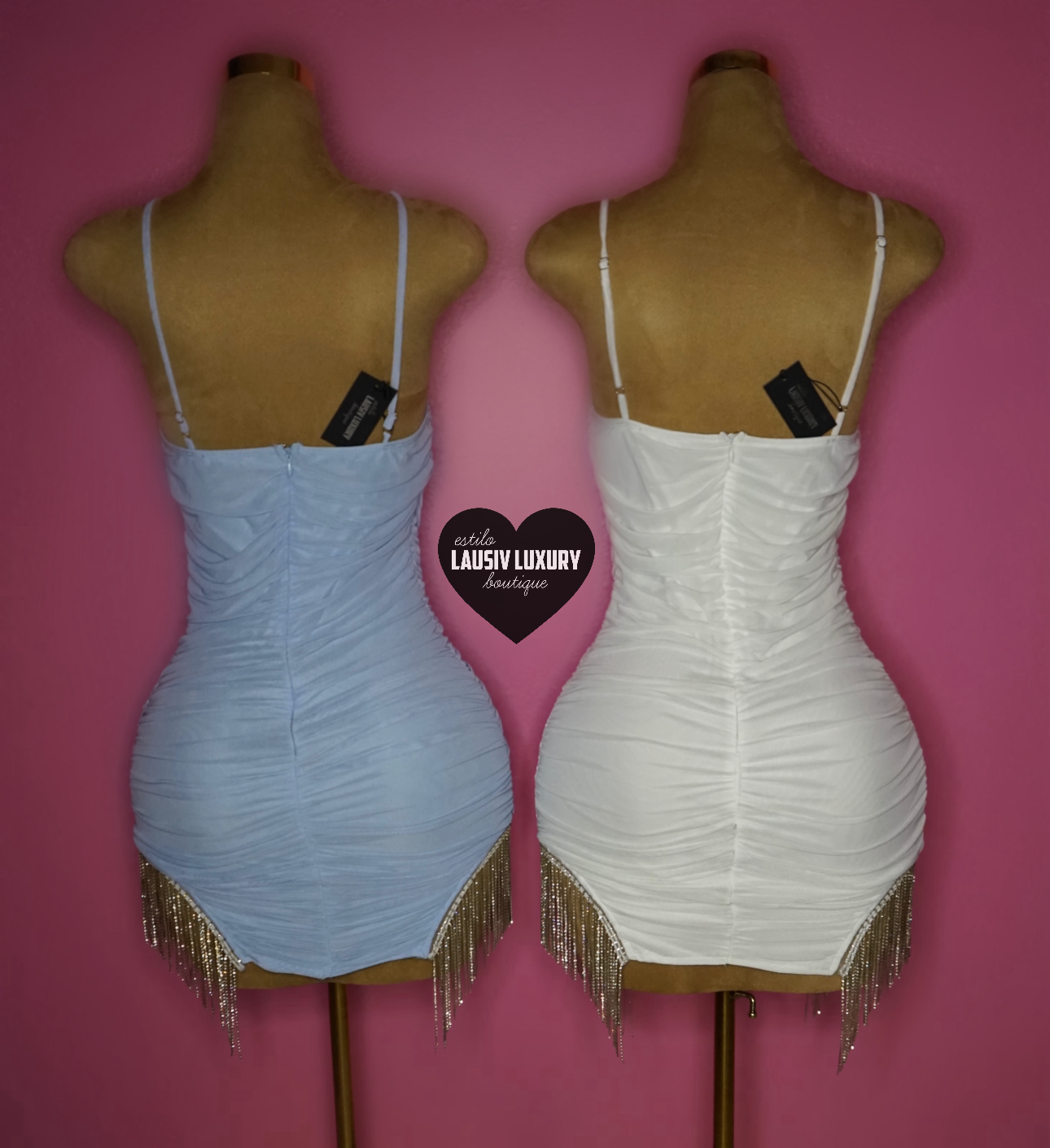 “Icy Nova” bling rhinestone fringe scrunched mini dress