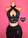“Ambition” black lace corset cross halter top