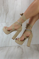Nude thick lace up tie up tan chunky heel