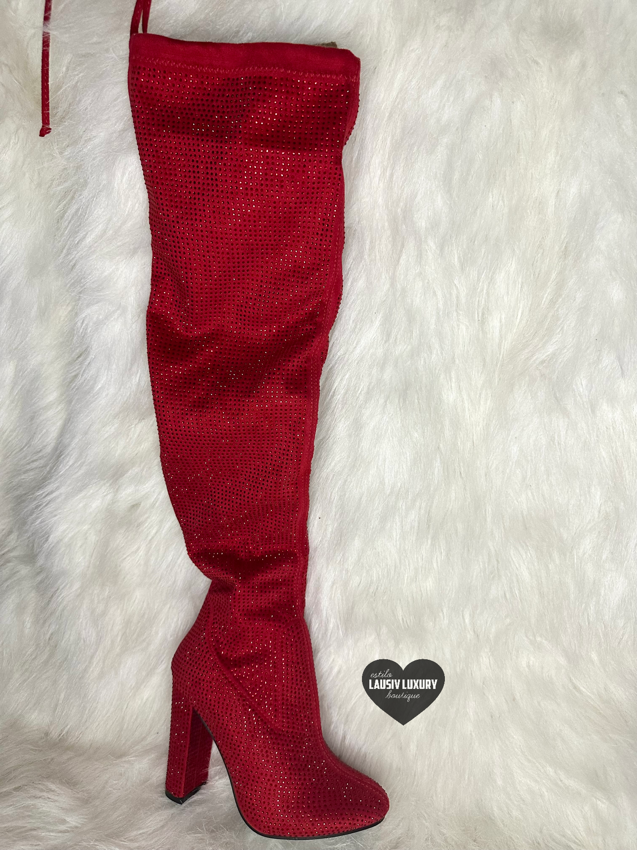Red bling thigh high boots with thick heel