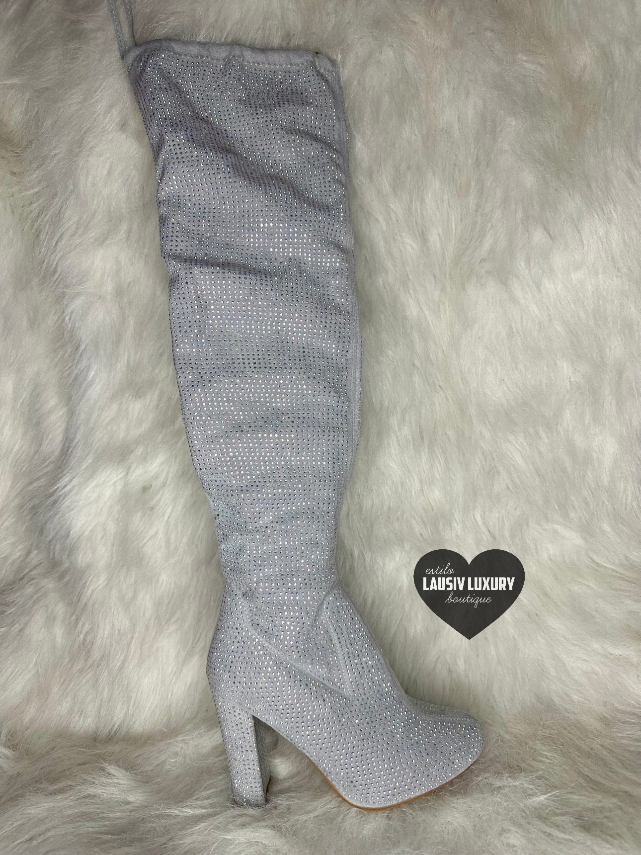 Silver bling thigh high boots with thick heel