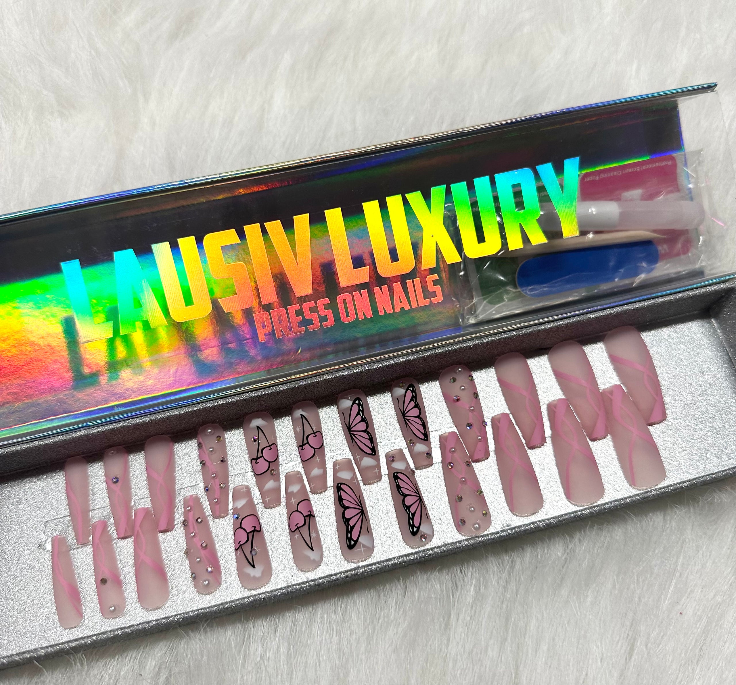 Pink bling butterfly press on nails 💅