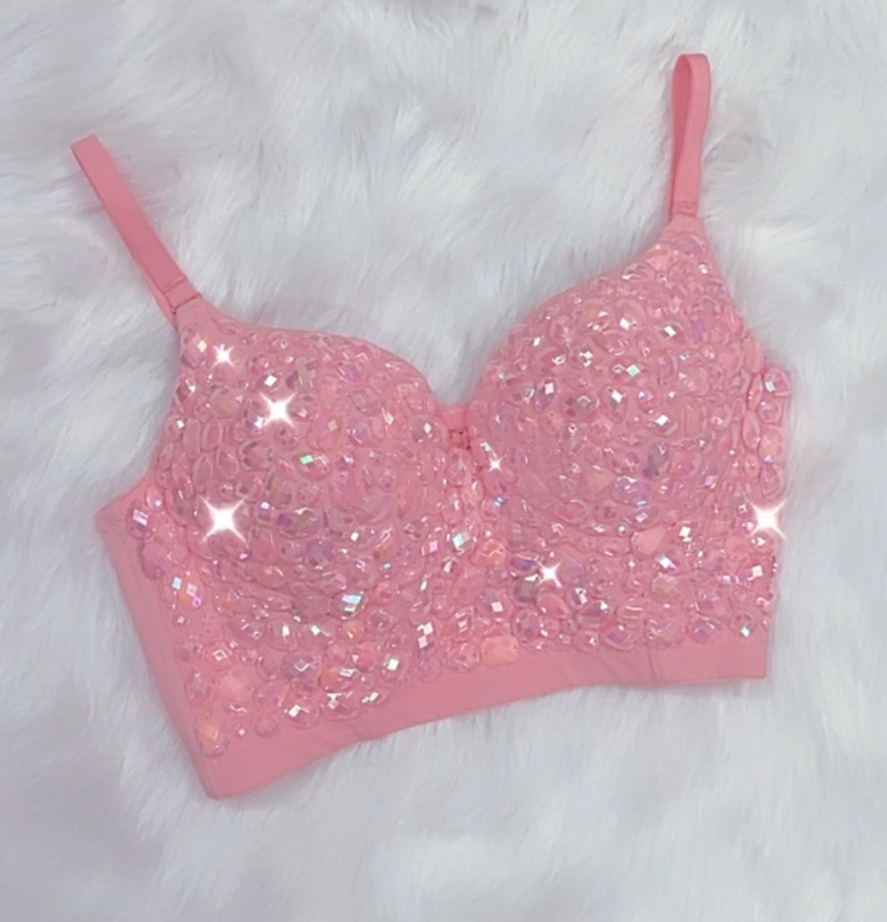 Pink blinged out gem corset style top