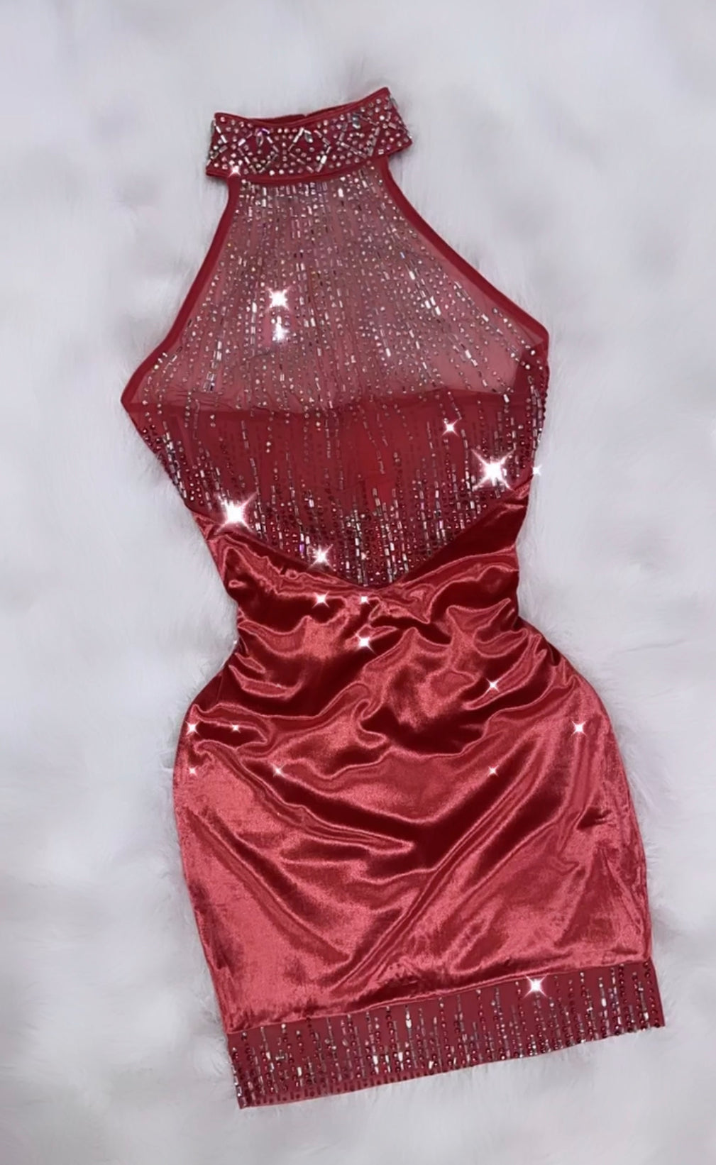 “Burlesque” deep pink/burgundy  velour rhinestone bling dress with collar.