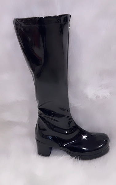 Black patent leather knee high boots