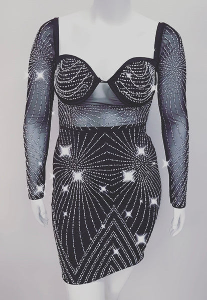 Black bling long sleeve plus size dress