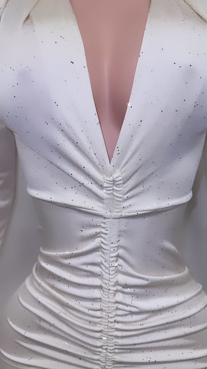 Small White scrunched v neck dress with multicolor glitter long sleeve