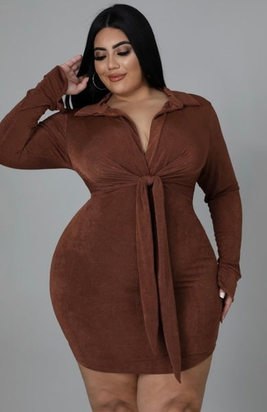 Longsleeve v neck collar long sleeve dress with ties plus size