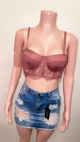 Rose/mauve lace corset style crop top