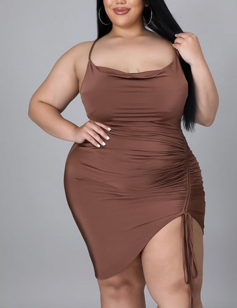 Low cut dress with side slit and scrunch plus size