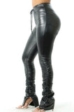Black leather stacked pants