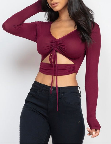 “Everyday baddie” Red burgundy long sleeve scrunched v-neck top  with cutout
