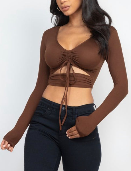 Brown long sleeve scrunched v-neck top  with cutout