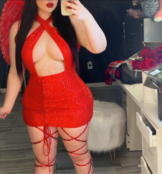 Medium ONLINE DEAL Red sequin cross top mini dress