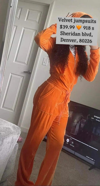 Orange velvet 2 piece set tracksuit