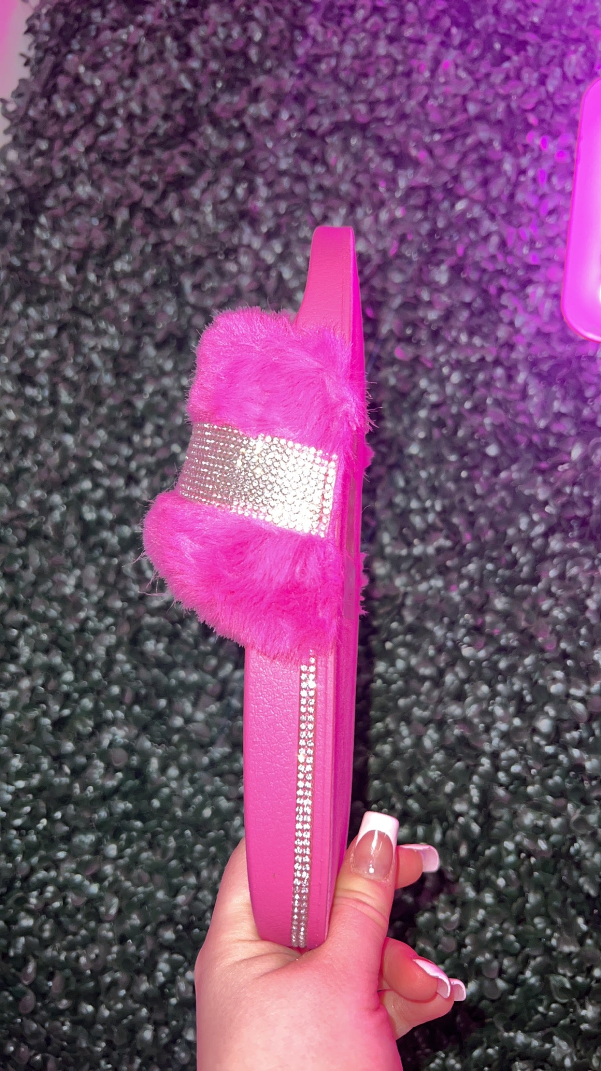 Pink bling rhinestone furry slides