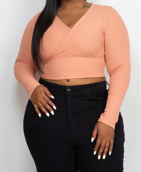 Ribbed low cut and cropped peach long sleeve