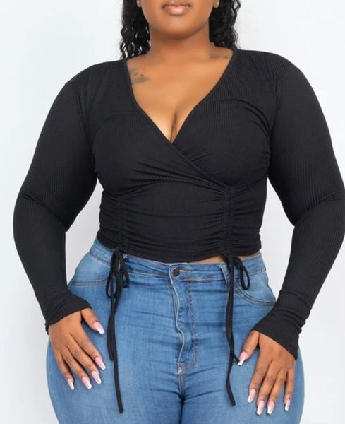 Black v-cut scrunched long sleeve shirt plus size