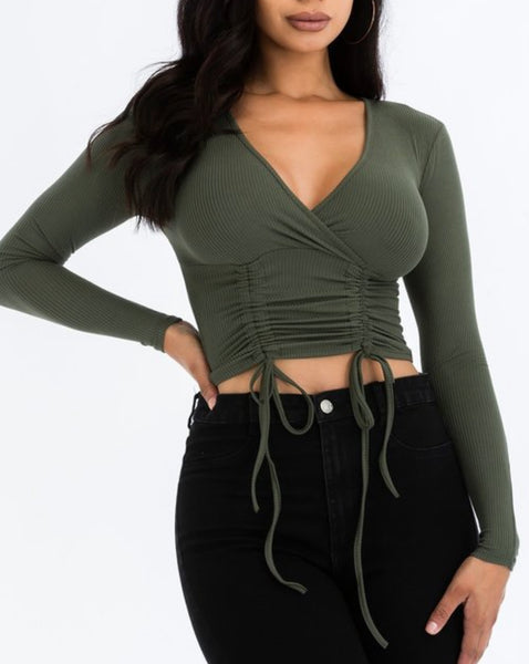 Olive green long sleeve scrunched up top