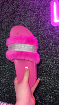 Pink bling rhinestone furry slides