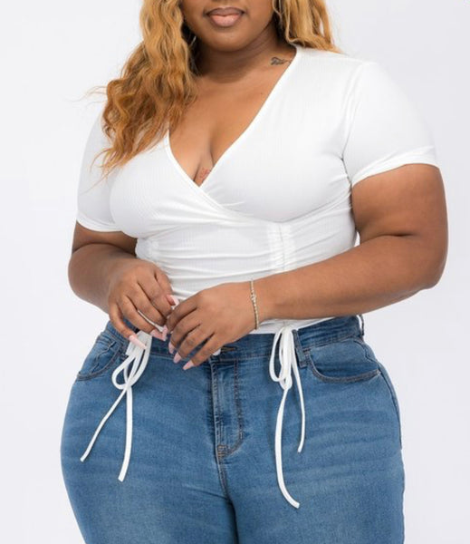 White v neck scrunched top plus size
