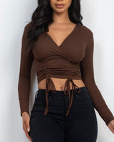 Brown v neck scrunched up long sleeve top