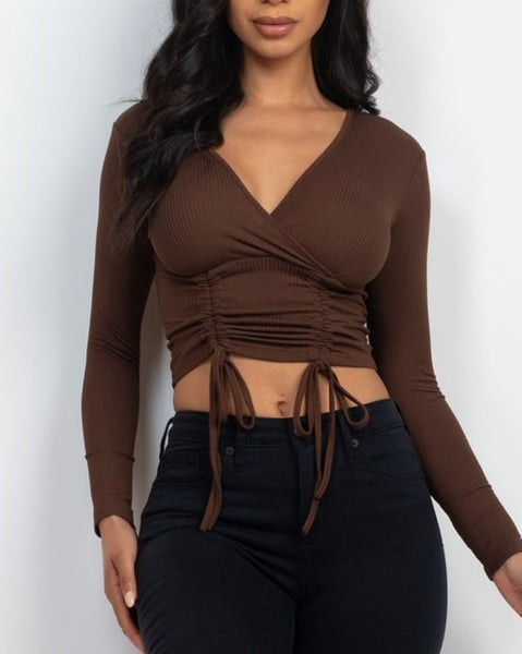 Brown v neck scrunched up long sleeve top