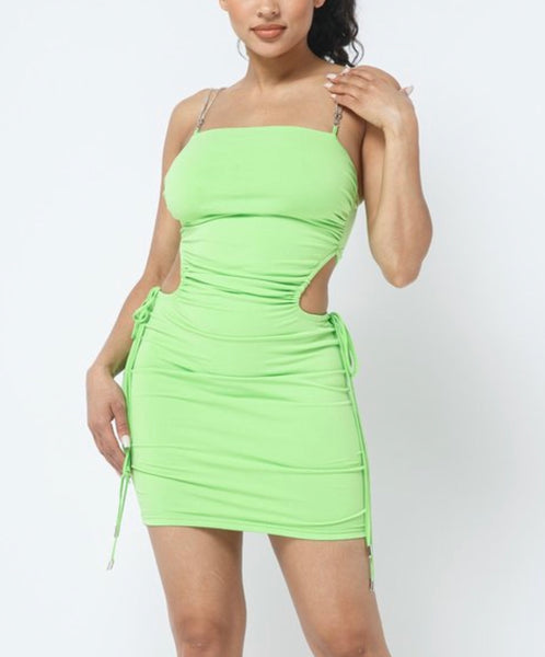Green cutout dress with rhinestone straps