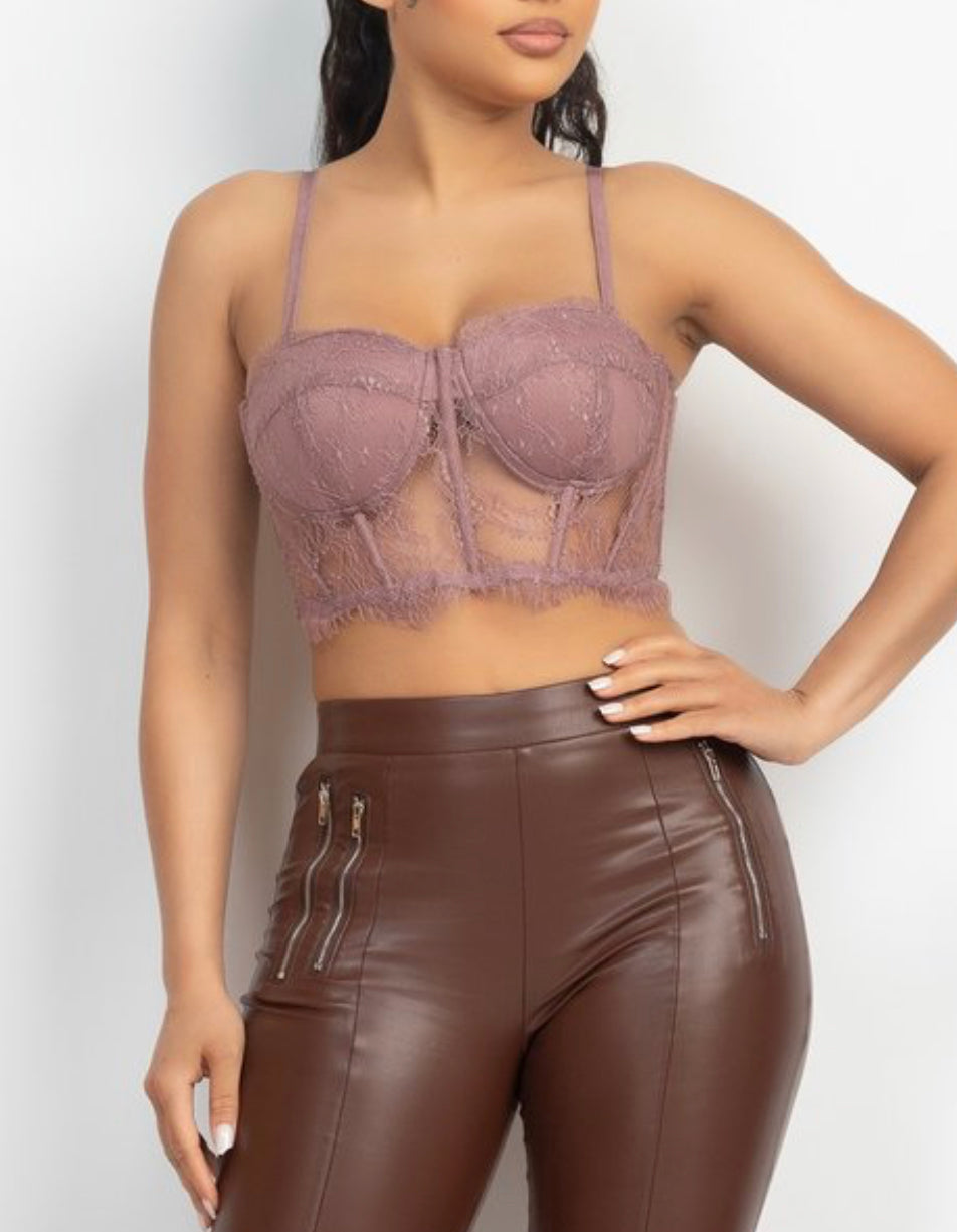 Tan/mocha lace corset style crop top