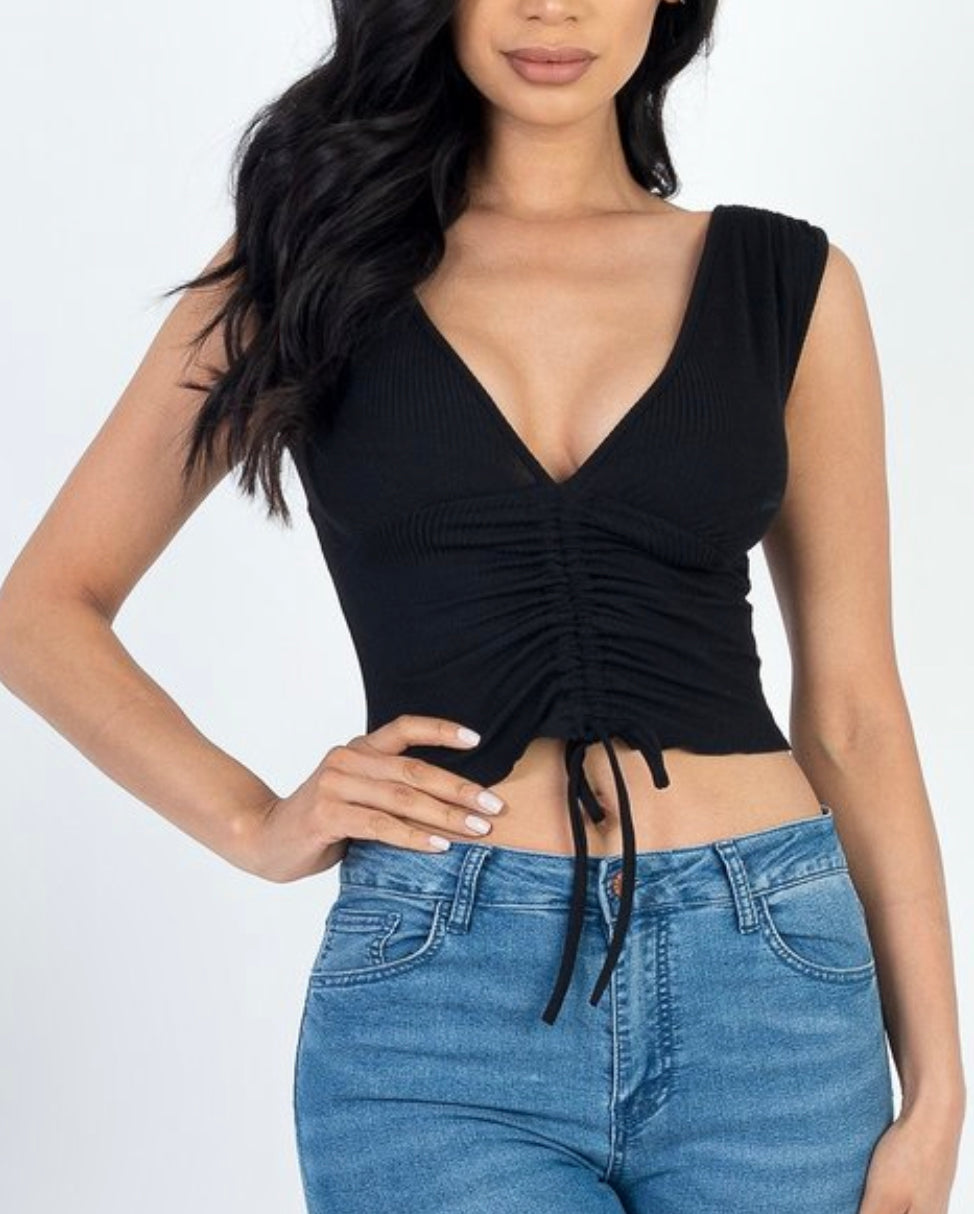 Black v neck scrunched top
